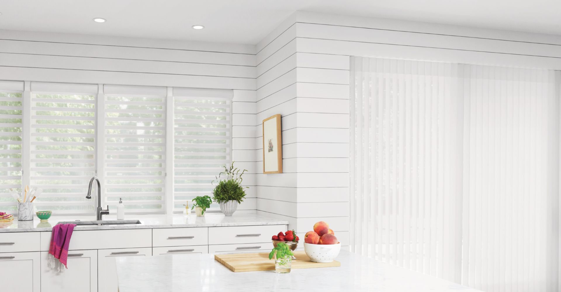 Hunter Douglas innovative window coverings in a white kitchen